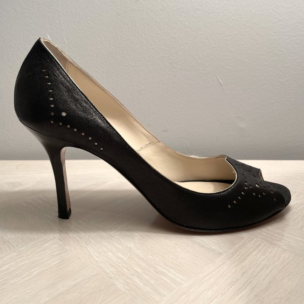 Luciano Padovan Black Peep Toe with Gold Piping Size 7.5